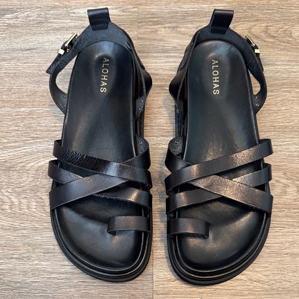 ALOHAS Black Strappy Leather Sandals